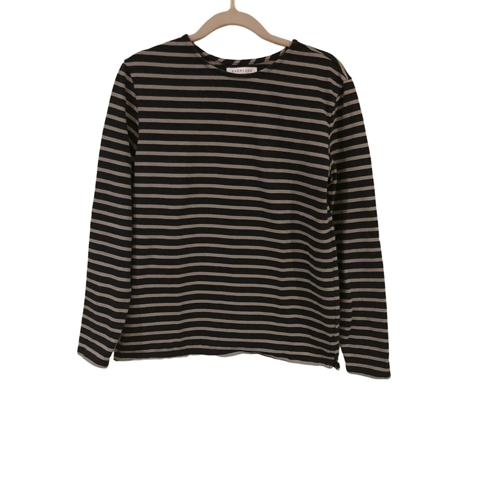 Everlane Black/Gray Cotton Striped Cre Neck Top Small
